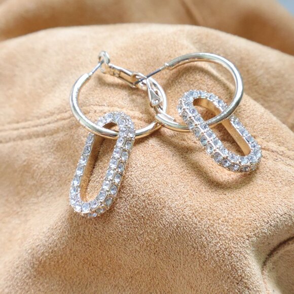 & Other Stories Gold Crystal Oval Dangle Hoop Earrings Chic - Picture 2 of 2